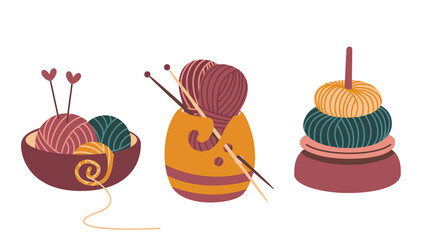 Set of colorful wool yarn skeins and knitting needles in a cute yarn bowles. Vector flat illustration, isolated, cartoon, clipart.