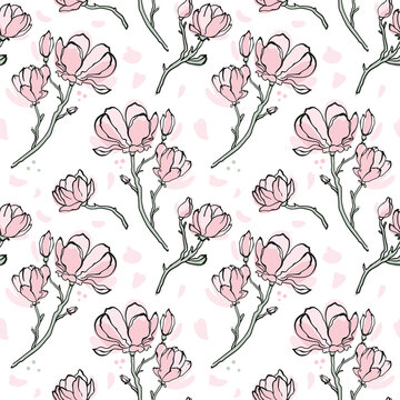 Branches with magnolia flowers. Flowering time. Seamless pattern on pastel colors. © Ekaterina