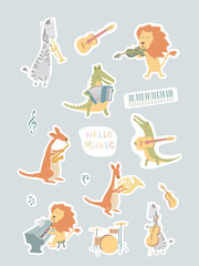 set of hand drawn stickers with animals for kids (music theme)
