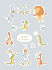 set of hand drawn stickers with animals for kids   (happy birthday theme)