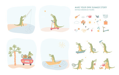 a set of hand-drawn crocodile, goes in for sports, rests, summer holidays - drawings for children (editable)