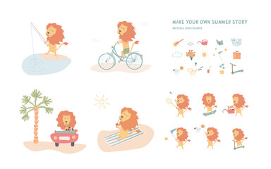 a set of hand-drawn lion, goes in for sports, rests, summer holidays - drawings for children (editable)