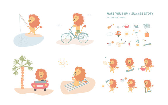 a set of hand-drawn lion, goes in for sports, rests, summer holidays - drawings for children (editable)