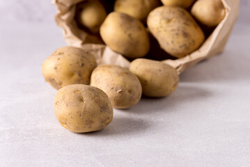 Raw Potato Food Fresh Potatoes in Craft Package on Light Gray Background Horizontal