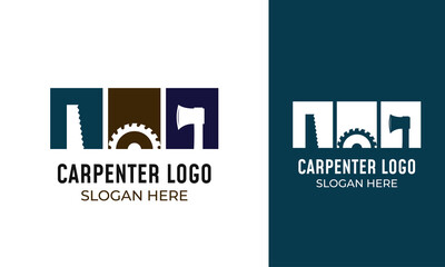 Carpentry tools logo design with handsaw, ax, and saw icon for carpenter identity