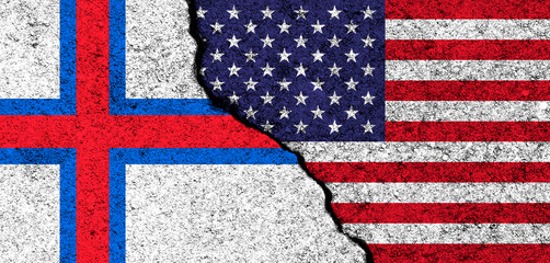 USA and Faroe Islands. Flags painted on cracked concrete wall. United States, America. Partnership, relationships and conflict concept. Banner background photo