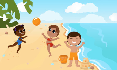 The girls are playing ball on the beach and the boy is sunbathing near the sand castle. Children of different nationalities play on the beach. All characters are happy and have a rest in the summer.