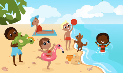 Children play on the beach, swim, run to the water, frolic with the dog. Summer vacation in cartoon style near the sea. Happy childhood. 