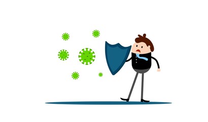Scared Businessman Protecting from Virus with a Shield. Epidemic and health protection concept.
