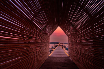 Beautiful bamboo tunnel in the sunset in Samae San Island, Samaesarn, Sattahip District, Chon Buri, Thailand