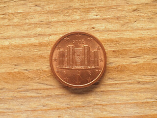 1 cent coin showing Castel del Monte, currency of Italy, EU