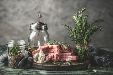 Raw iberico pork cutlet on rustic wooden cutting board with rosemary bunch, spices and oil at grey...