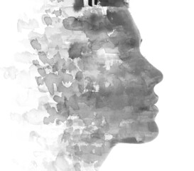 Paintography. Dramatic portrait of a young woman combined with a painting