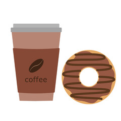 illustration set for breakfast a glass with coffee and a donut on a white background.Print printing on clothes, goods, textiles, tablecloth, dishes, children's clothing.
