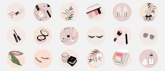 Instagram social media story highlight icons and stickers for beauty, make up, spa salon content. minimal simple feminine logo, design element template in pink pastel colors. vector illustration
