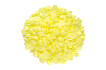 Pile of yellow sulfur granules used in medicine, fertilizer, top view. Yellow sulfur powder isolated on white background, top view. Heap of sulfur powder isolated on white background, top view.