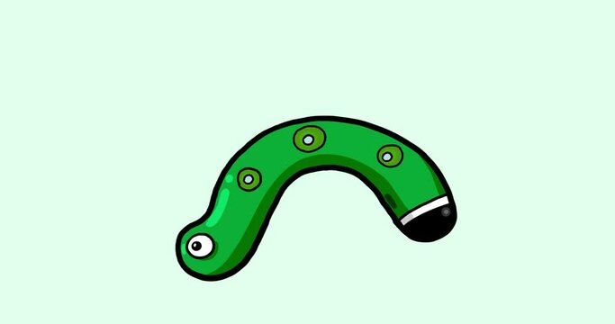 Isolated caterpillar loop cartoon animation two sizes with outline. Green with many circles. Happy worm with alpha channel. Seamless alpha channel loop.
