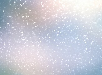 Light snow flakes flying on blue blurred background. Soft texture. Winter outdoor empty illustration.