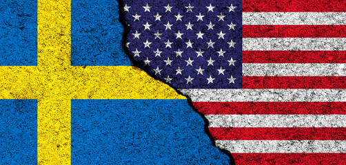 USA and Sweden. Flags painted on cracked concrete wall. United States, America. Partnership, relationships and conflict concept. Banner background photo