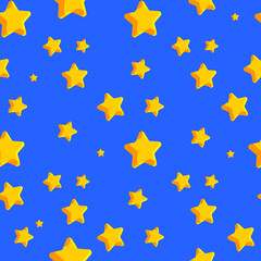 The stars are yellow on a blue background. Starry sky. Seamless cute pattern for modern textile and decorative paper. Vector.