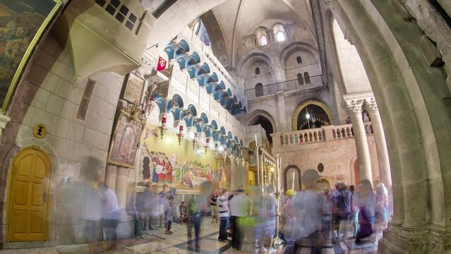 Stone of Anointing in the Church of the Holy Sepulcher timelapse hyperlapse.