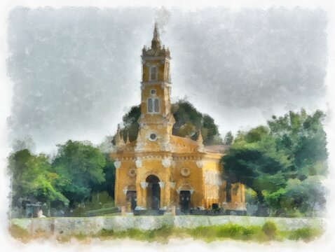 landscape of yellow ancient christ church watercolor style illustration impressionist painting.