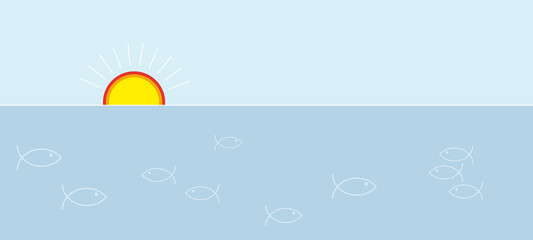 Summer season. Vector abstract background with orange sun and sea with fishes. Banner design template