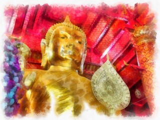The ancient buddha statue Luang Pho To or Phra Buddha Trai Rattana Nayok style art U-Thong watercolor style illustration impressionist painting.