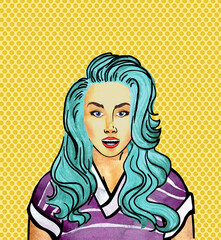 Wow pop art girl with blue hair. Sexy smiling young woman. Yellow background