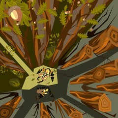 Conceptual illustration about cutting down trees and oak forests and the impact of this on the environment and humans. Ecocatastrophe