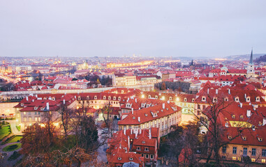 Fototapeta na wymiar Travel and architecture. Cityscape with red tiled roofs view. Prague, Czech Republic.