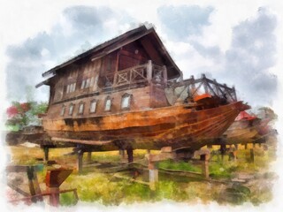 Ancient wooden boat on the dock watercolor style illustration impressionist painting.