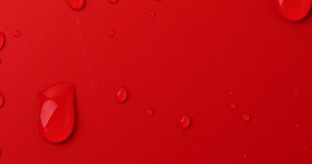 Abstract water drops on red background, macro, Bubbles close up, Cosmetic liquid drops, Flat lay pattern. - Powered by Adobe