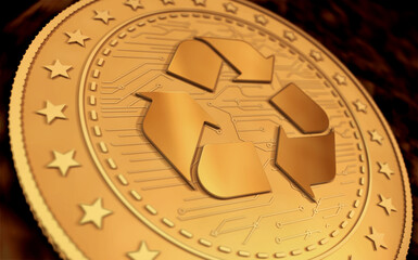 Fototapeta na wymiar Recycling symbol golden coin 3d illustration