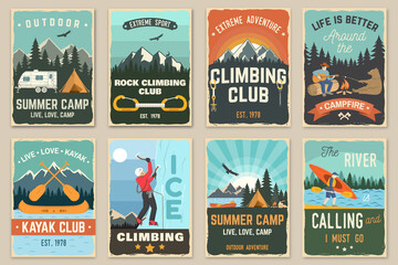 Set of camping retro posters. Vector. Concept for patch, shirt, print, stamp or tee. Vintage typography design with kayak, climber on the ice mountains, canoe, paddle, camping tent and forest. - obrazy, fototapety, plakaty