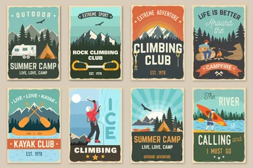 Foto op Plexiglas Set of camping retro posters. Vector. Concept for patch, shirt, print, stamp or tee. Vintage typography design with kayak, climber on the ice mountains, canoe, paddle, camping tent and forest. © sivvector