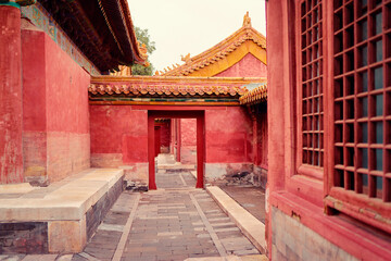 Fototapeta premium Red wall. Traditional ancient chinese architecture.