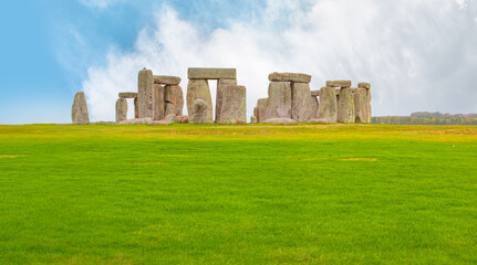 Panoramic view of Stonehenge at cloudy sky - United Kingdom