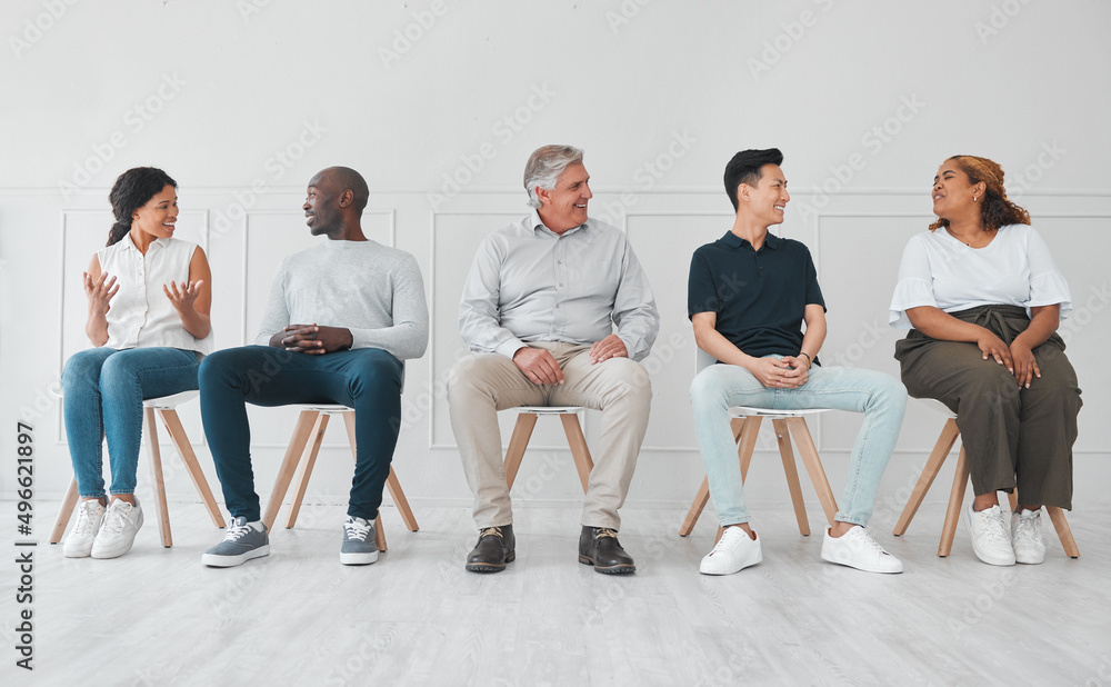 Aufkleber We can learn a lot by listening to each others stories. Shot of a diverse group of people talking to each other while sitting in line against a white background.