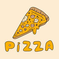 Pizza maker. The inscription with a slice of pizza and cheese. A poster with doodles of pizza ingredients in color and the word Pizza. An emblem for a pizzeria. Vector illustration