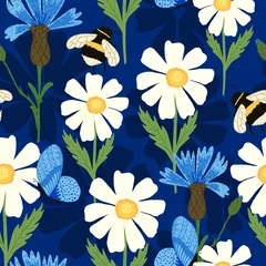 Foto op Canvas Cute bee on meadow seamless pattern. Summer flowers on blue background. © Lidok_L