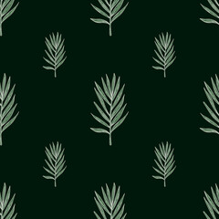 Palm leaves seamless pattern. Tropical branch in engraving style.