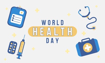 Vector illustration of health icon set background, as a banner or poster, World Health Day. Medical report, stethoscope, syringe, and first aid kit icon.