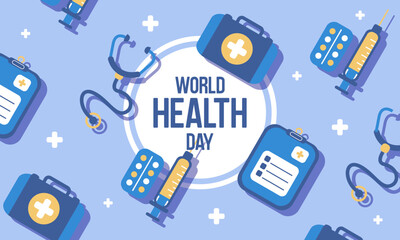 World Health Day banner background, observed on April 7 every year to celebrated global health awareness day. Medical icon set vector illustration.