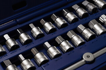 Tools, car repair equipment in blue toolbox, closeup