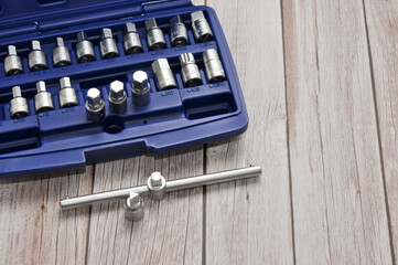 Tools, car repair equipment in blue toolbox, closeup