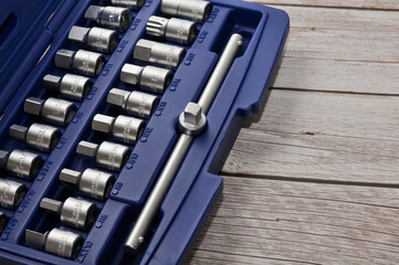 Tools, car repair equipment in blue toolbox, closeup
