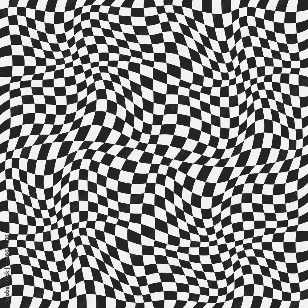 Poster Simple checkerboard wavy pattern. Black and white seamless and vector checkered pattern. Racing curly checkered and seamless pattern.