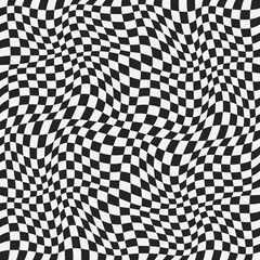 Simple checkerboard wavy pattern. Black and white seamless and vector checkered pattern. Racing curly checkered and seamless pattern.