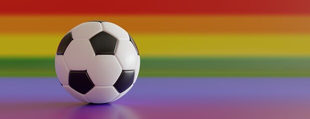 Soccer ball  on rainbow color background, close up. LGBT football sport event. 3d render